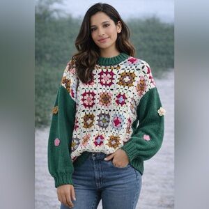 Listicle Granny Square Crochet Cardigan Sweater Green Multicolor Size M